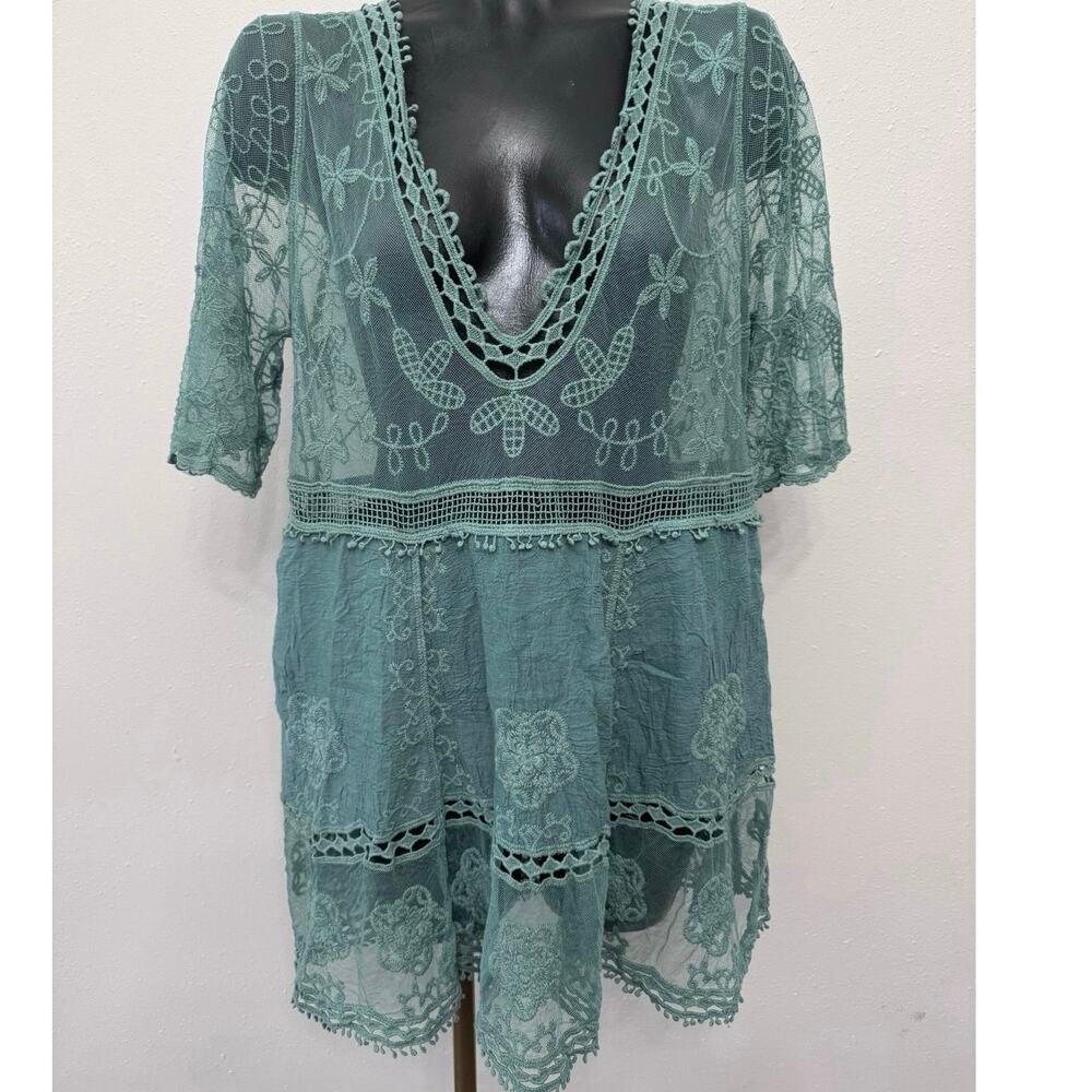 Mesh Lace Sheer Chemise Cover Up Women's 2XL Green Coquette‎ Cottage Whimsigoth